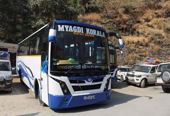 A local public bus en route to Muktinath, offering a budget-friendly journey through Nepal’s breathtaking mountain landscapes.