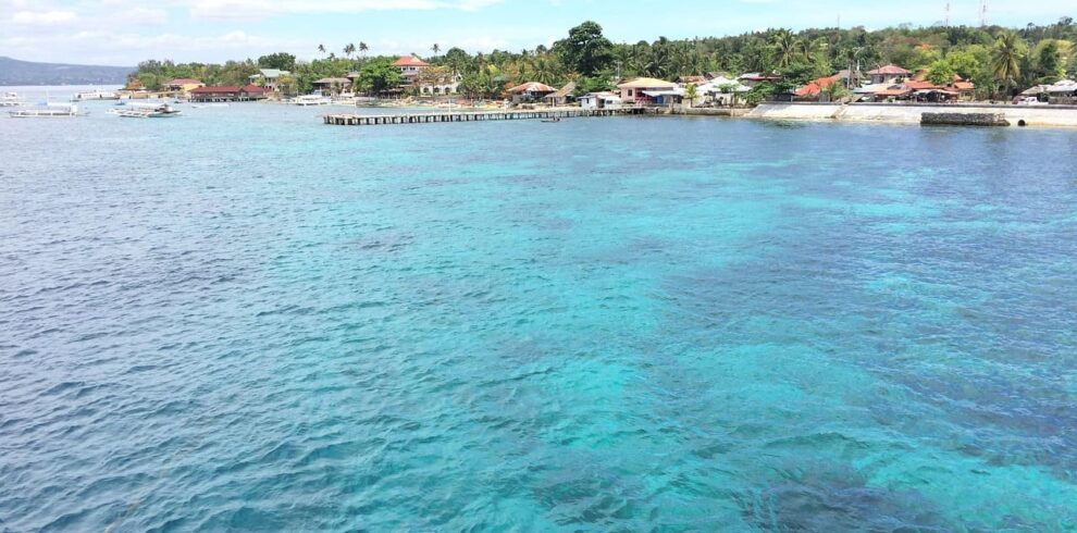 A breathtaking view of a pristine island in Cebu, Philippines, featuring crystal-clear turquoise waters and lush greenery under a bright blue sky.