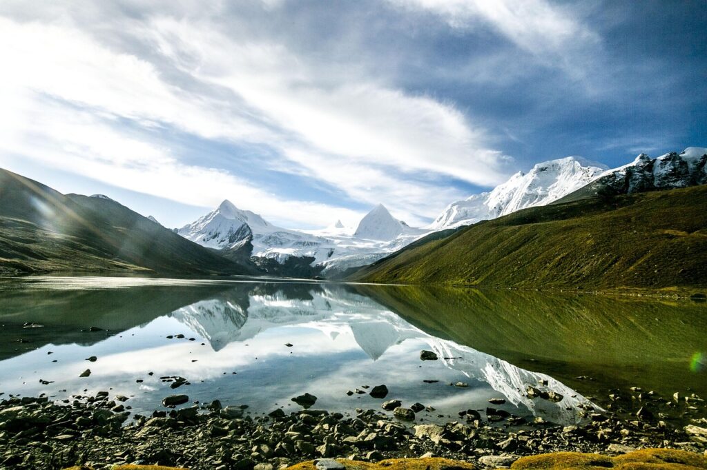 Kailash mountain ranges reflected in the sacred lake a divine view along the Hilsa route to Mansarovar.