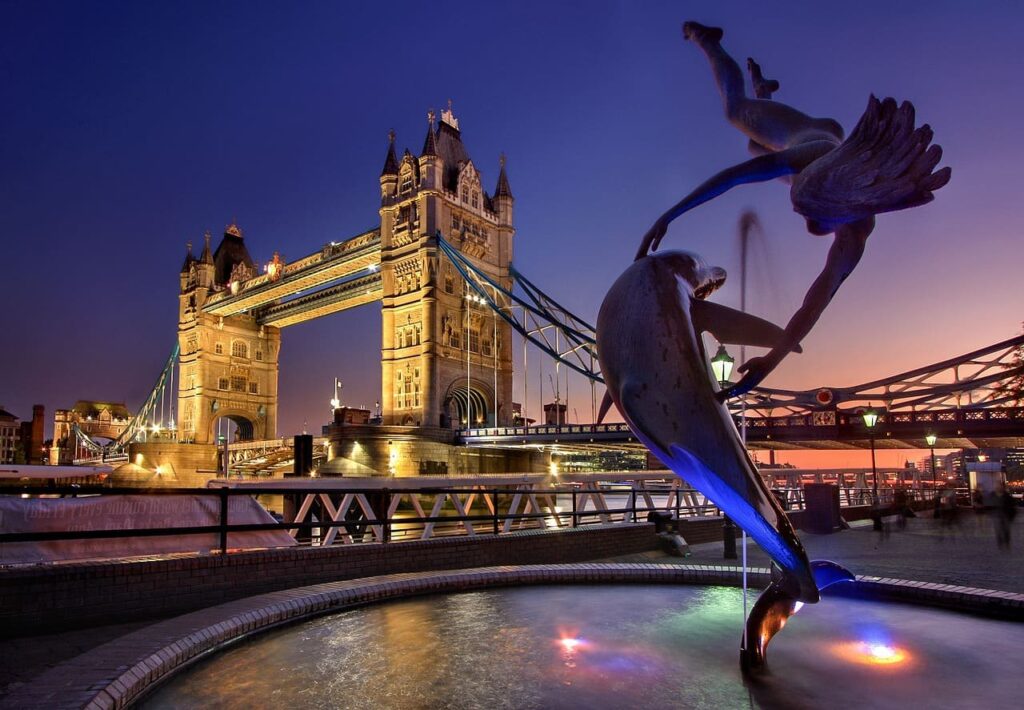 Panoramic view of London city skyline with the River Thames and iconic buildings