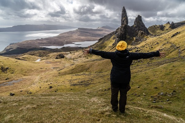 Dramatic landscape of the Isle of Skye with rugged mountains and misty skies
