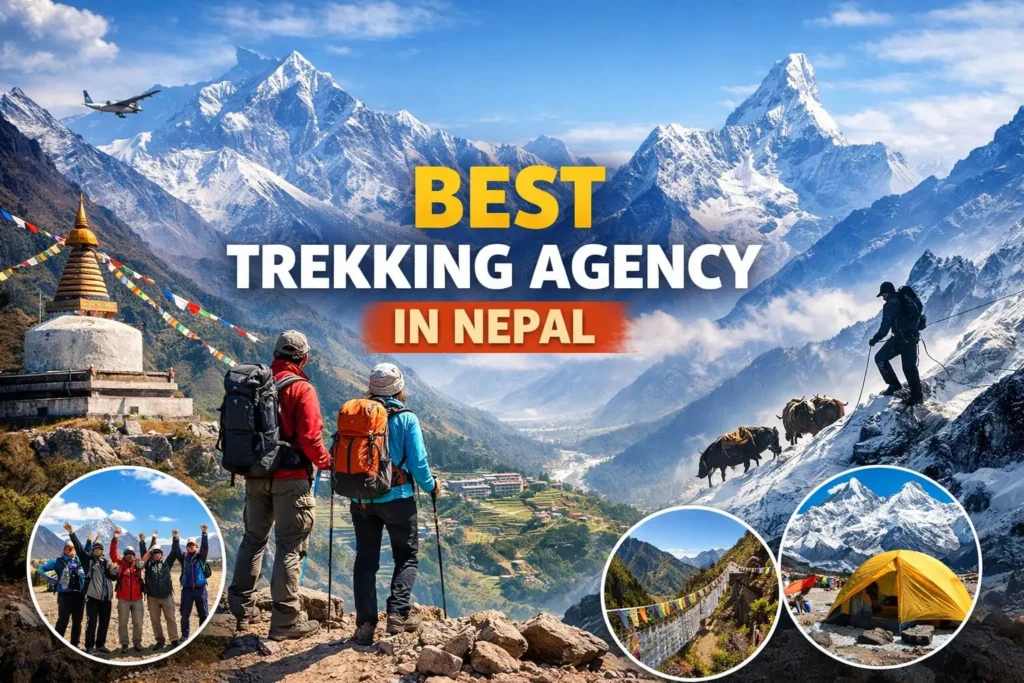 Three trekkers overlooking the snow-capped Himalayan mountains in Nepal with prayer flags and a helicopter in the background, featured for a blog about the best trekking agencies in Nepal.